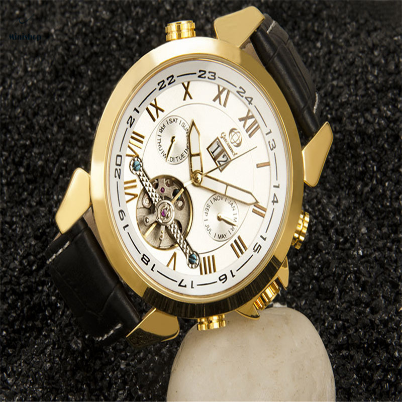 Automatic Mechanical Tourbillon Double Calendar Wristwatch Men Fashion Waterproof Leather Band Watch