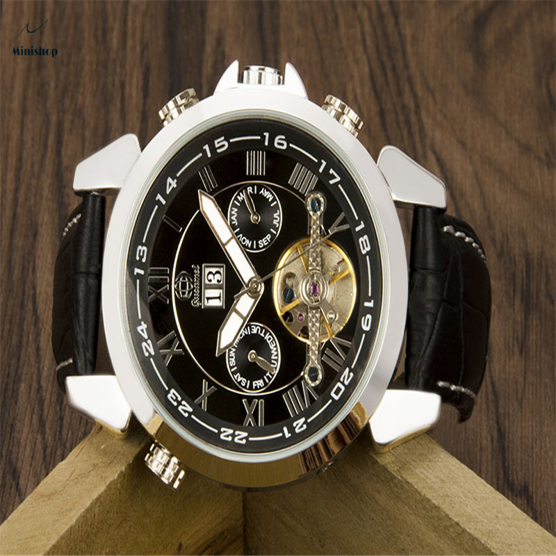 Automatic Mechanical Tourbillon Double Calendar Wristwatch Men Fashion Waterproof Leather Band Watch