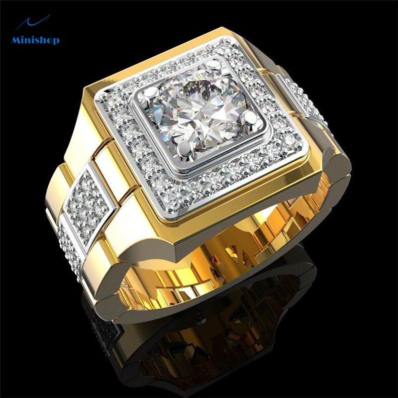 Men New Fashion Ring Gold Double Color Square with White Diamond Feta Watch Men Ring Holiday Gifts