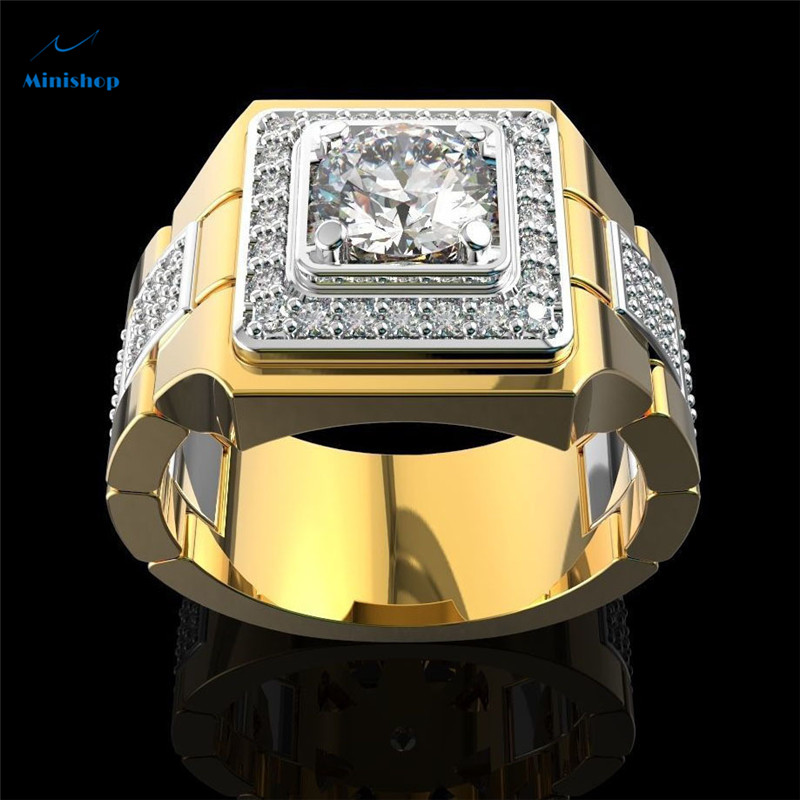 Men New Fashion Ring Gold Double Color Square with White Diamond Feta Watch Men Ring Holiday Gifts