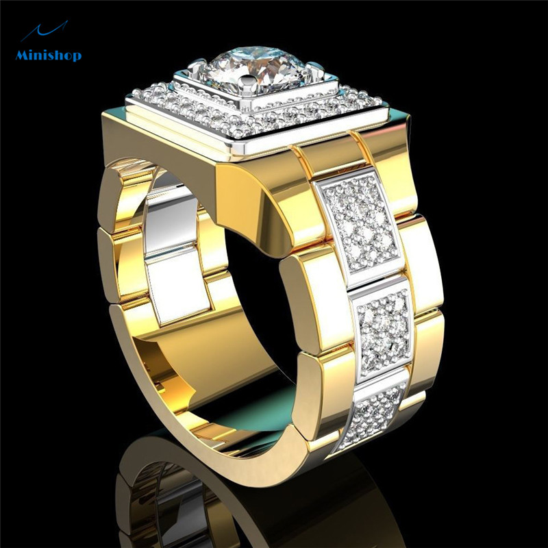 Men New Fashion Ring Gold Double Color Square with White Diamond Feta Watch Men Ring Holiday Gifts