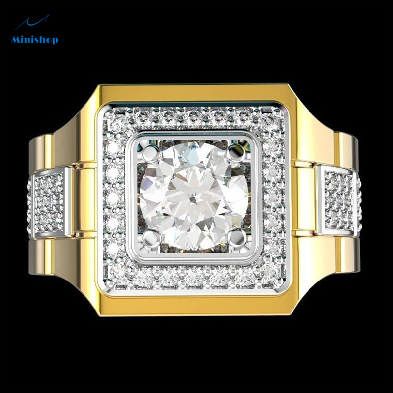 Men New Fashion Ring Gold Double Color Square with White Diamond Feta Watch Men Ring Holiday Gifts