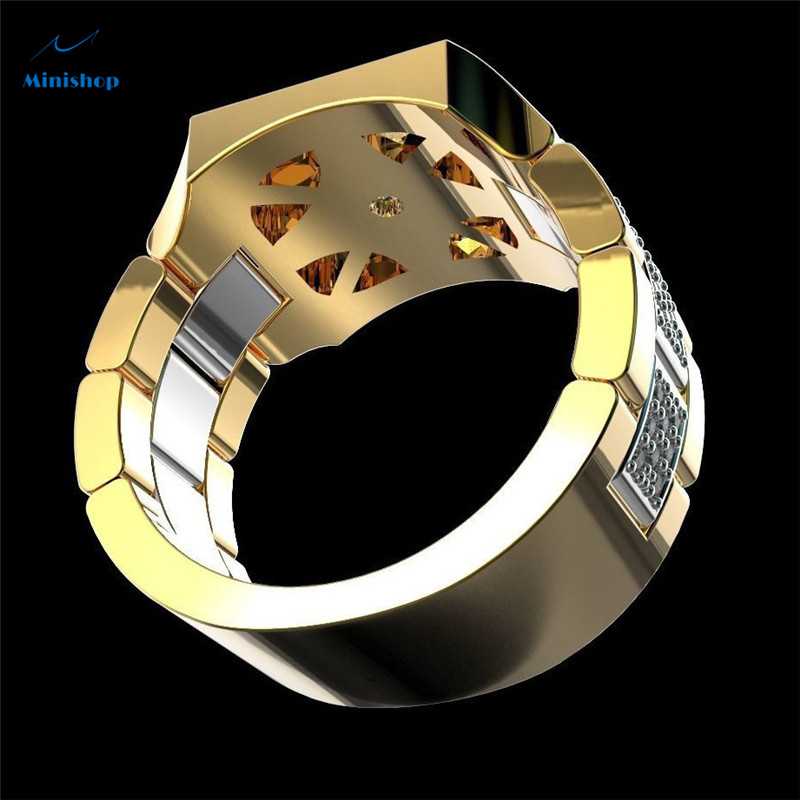 Men New Fashion Ring Gold Double Color Square with White Diamond Feta Watch Men Ring Holiday Gifts