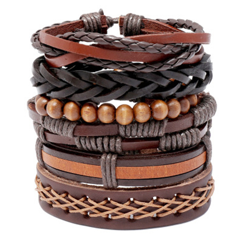 6 pcs/set Vintage Men Weave Brown Hip-hop Leather Bracelet Trend Simple New  Jewelry Bracelet