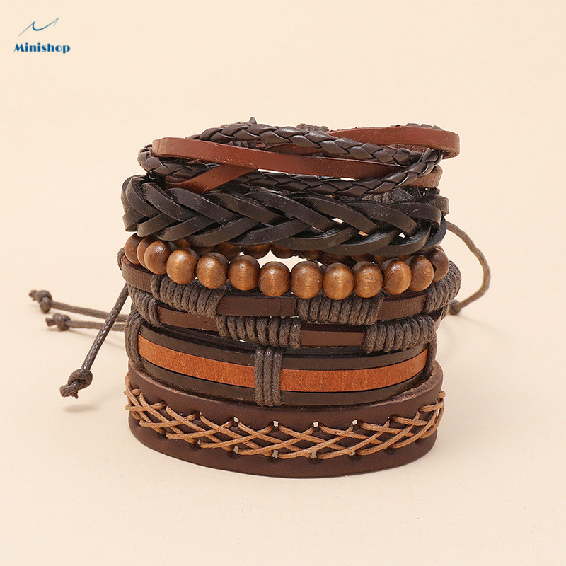 6 pcs/set Vintage Men Weave Brown Hip-hop Leather Bracelet Trend Simple New  Jewelry Bracelet