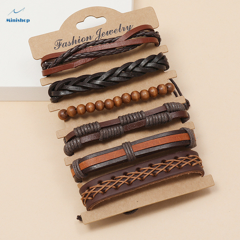 6 pcs/set Vintage Men Weave Brown Hip-hop Leather Bracelet Trend Simple New  Jewelry Bracelet