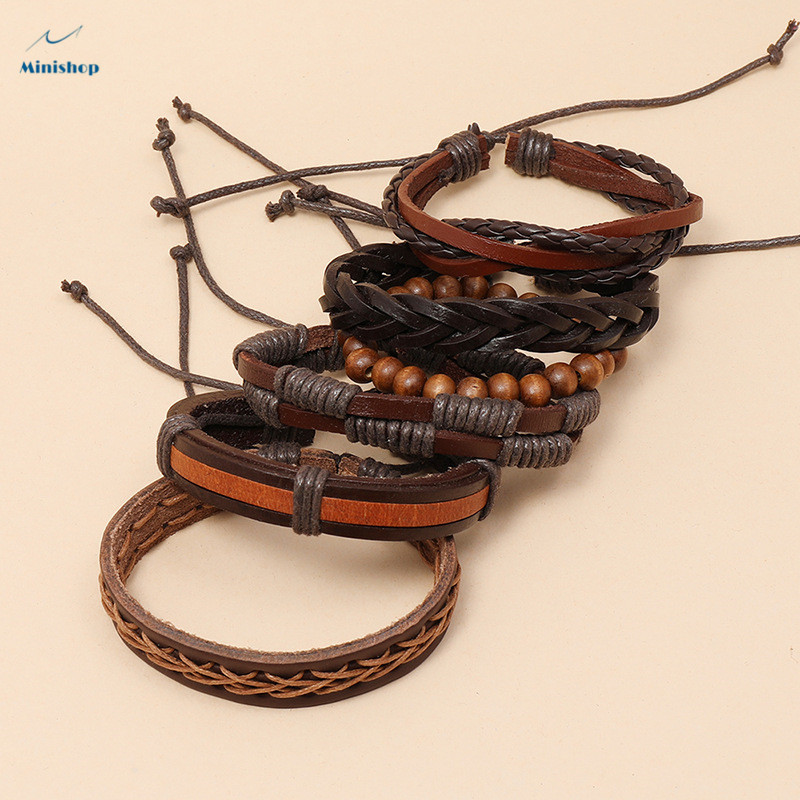 6 pcs/set Vintage Men Weave Brown Hip-hop Leather Bracelet Trend Simple New  Jewelry Bracelet