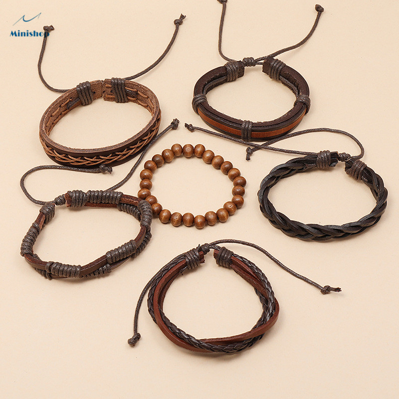 6 pcs/set Vintage Men Weave Brown Hip-hop Leather Bracelet Trend Simple New  Jewelry Bracelet