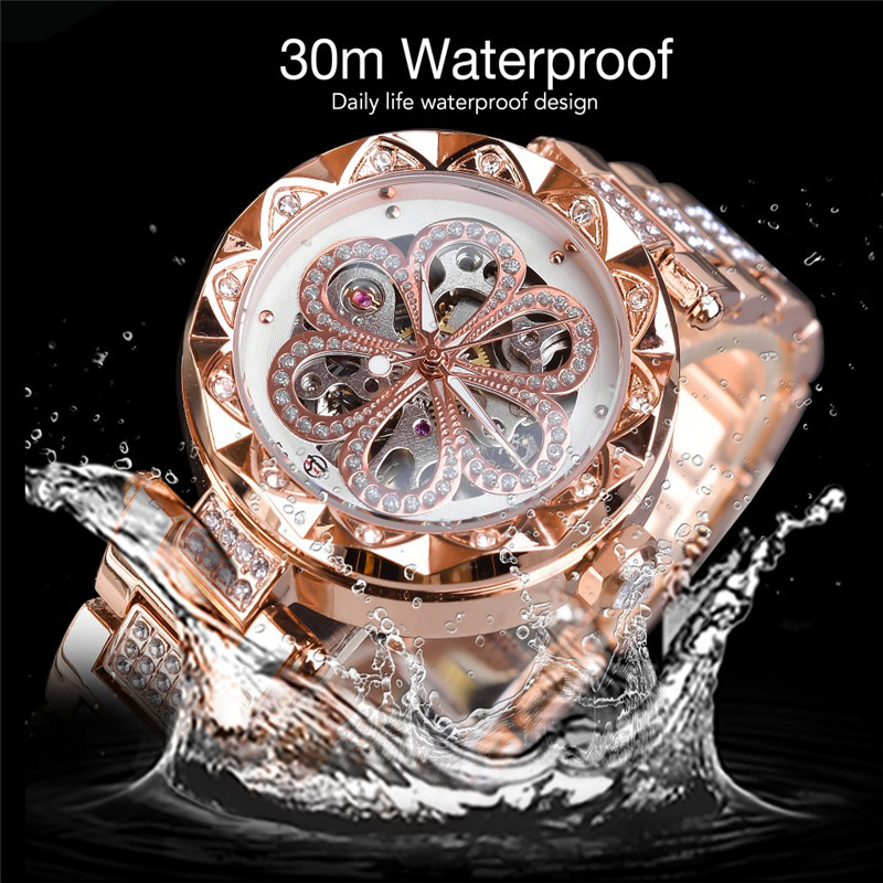 Women New Fashion Four-leaf Clover Automatic Hollow Mechanical Watch Business Style Waterproof Watch
