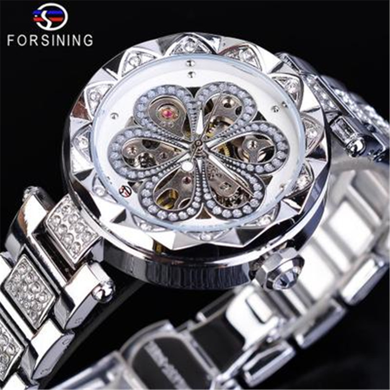 Women New Fashion Four-leaf Clover Automatic Hollow Mechanical Watch Business Style Waterproof Watch
