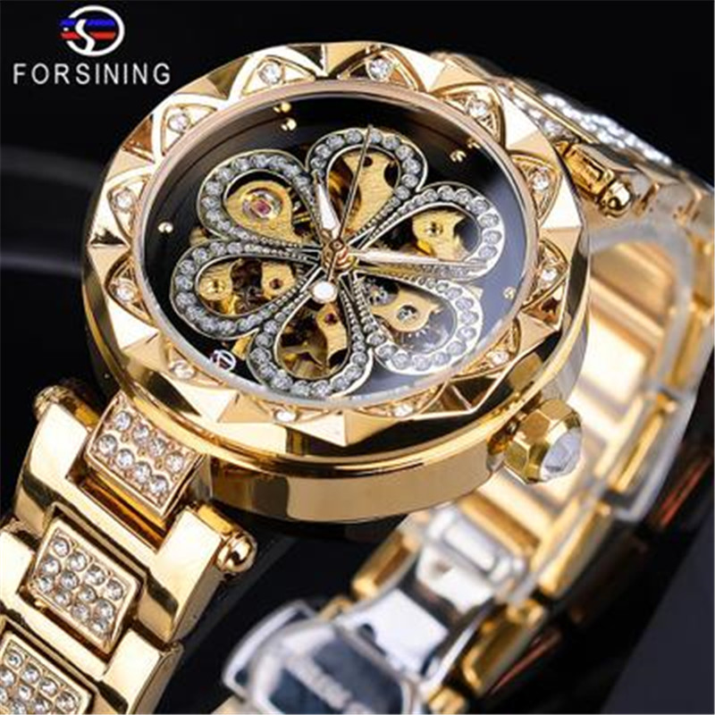Women New Fashion Four-leaf Clover Automatic Hollow Mechanical Watch Business Style Waterproof Watch