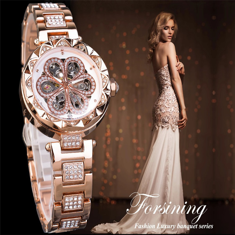 Women New Fashion Four-leaf Clover Automatic Hollow Mechanical Watch Business Style Waterproof Watch