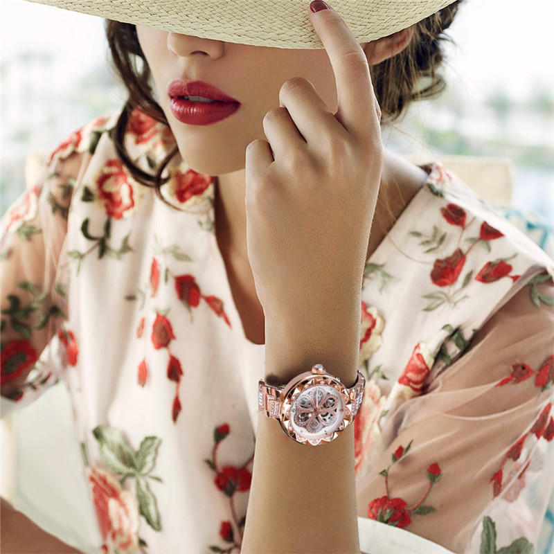 Women New Fashion Four-leaf Clover Automatic Hollow Mechanical Watch Business Style Waterproof Watch