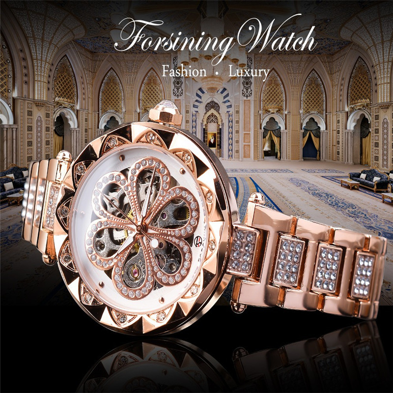 Women New Fashion Four-leaf Clover Automatic Hollow Mechanical Watch Business Style Waterproof Watch