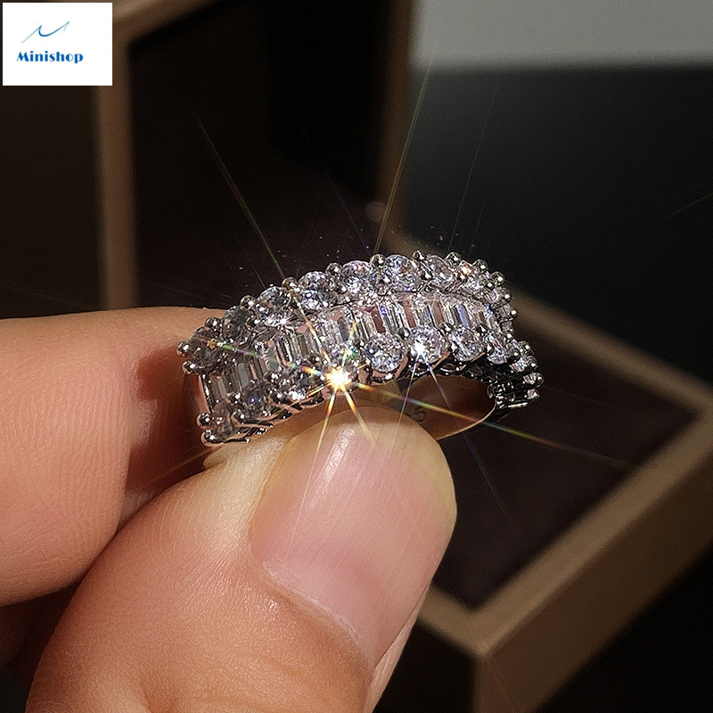 Women Zircon Diamond Ring Lady Copper-plated Platinum Staircase Ring Luxury Jewelry Accessories