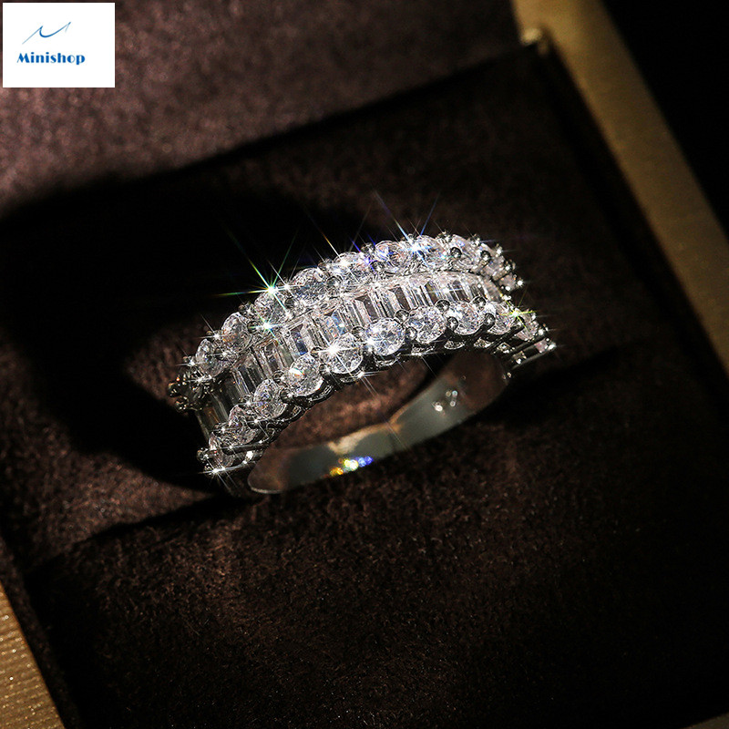 Women Zircon Diamond Ring Lady Copper-plated Platinum Staircase Ring Luxury Jewelry Accessories