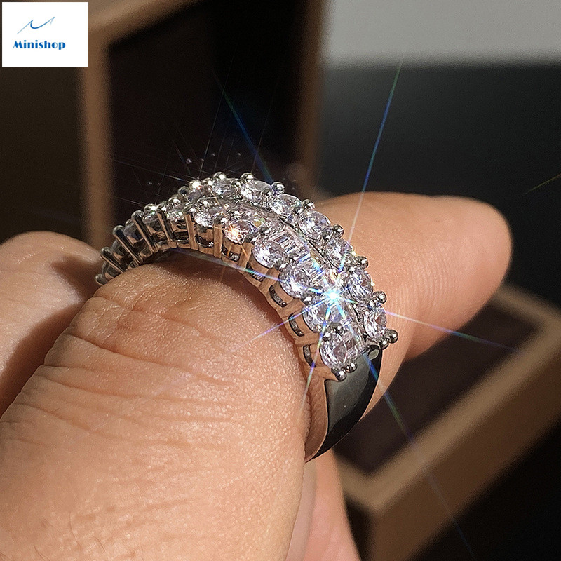 Women Zircon Diamond Ring Lady Copper-plated Platinum Staircase Ring Luxury Jewelry Accessories