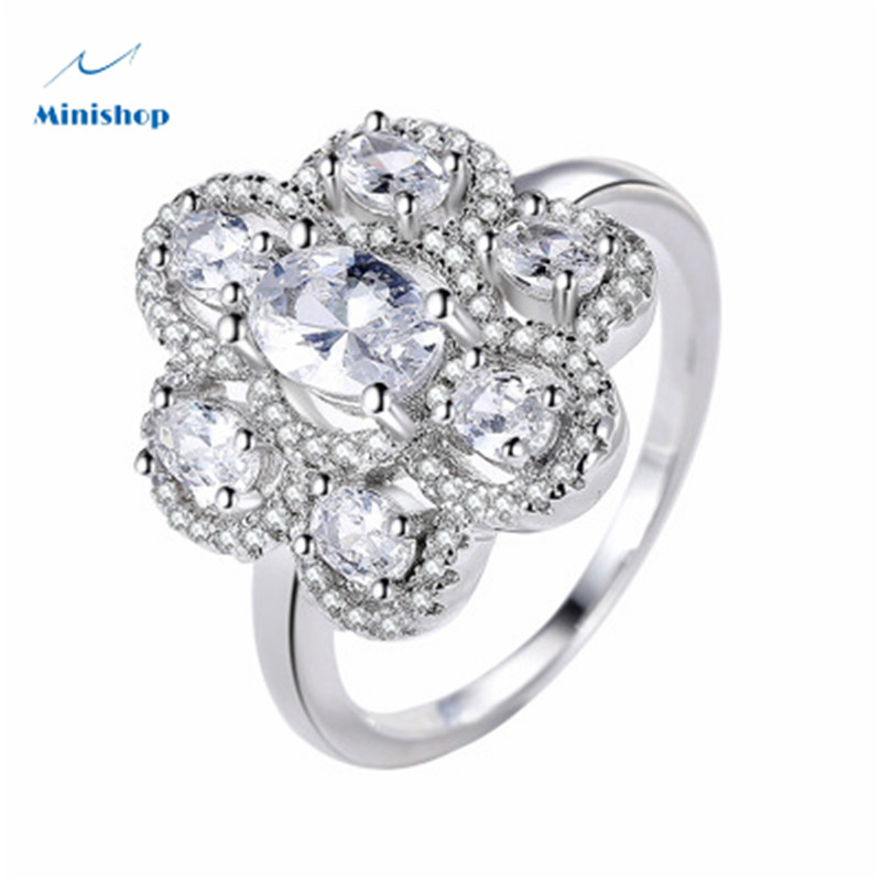 Women New Fashion Ring Flower Zircon Platinum plated Diamond Ring  Lady Proposal Engaged Ring