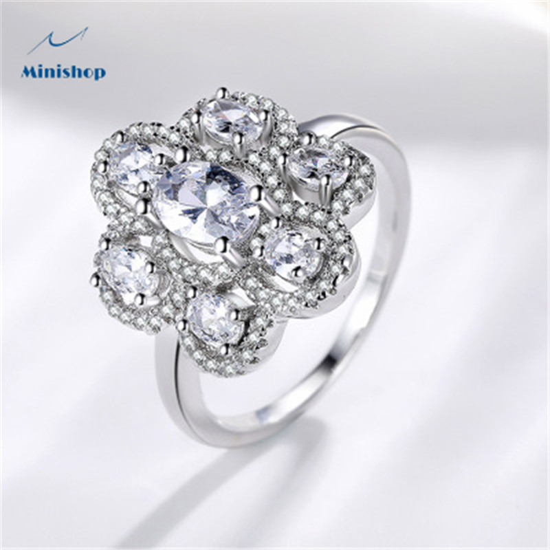 Women New Fashion Ring Flower Zircon Platinum plated Diamond Ring  Lady Proposal Engaged Ring