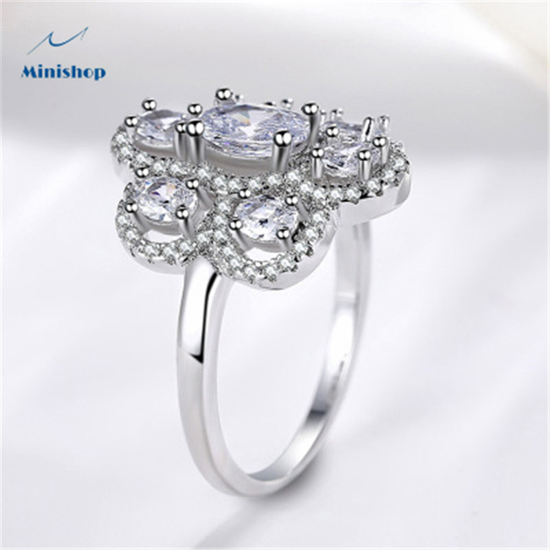 Women New Fashion Ring Flower Zircon Platinum plated Diamond Ring  Lady Proposal Engaged Ring