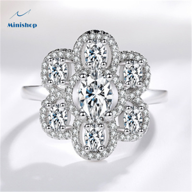 Women New Fashion Ring Flower Zircon Platinum plated Diamond Ring  Lady Proposal Engaged Ring