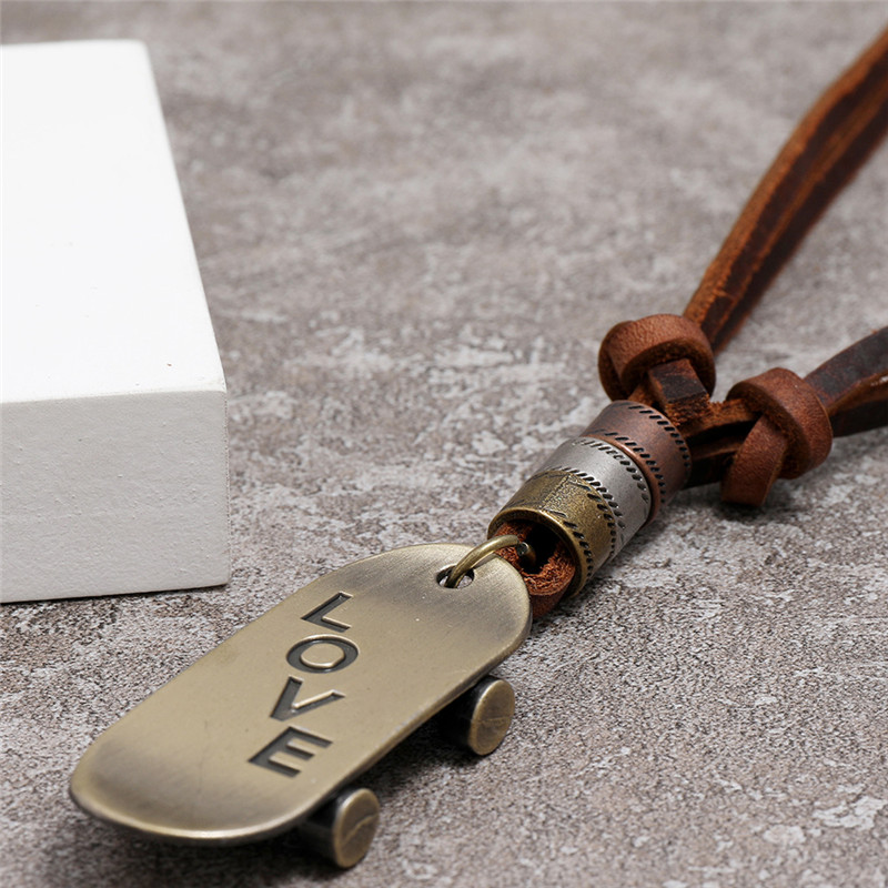 Men and Women Simple Retro Leather Necklace Love Scooter Pendant Couples Long Sweater Chain
