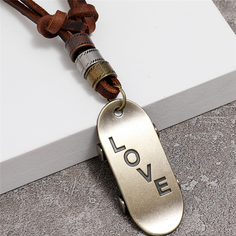 Men and Women Simple Retro Leather Necklace Love Scooter Pendant Couples Long Sweater Chain