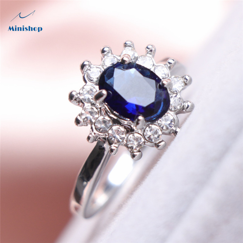 Women New Fashion Rings Platinum Plated Engagement Jewelry Boutique Blue Gem Zircon Diamond Ring