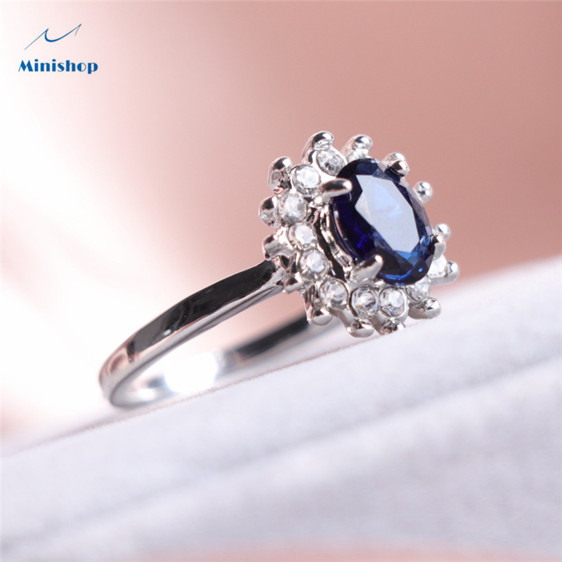 Women New Fashion Rings Platinum Plated Engagement Jewelry Boutique Blue Gem Zircon Diamond Ring