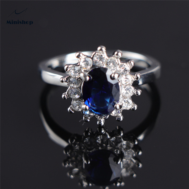 Women New Fashion Rings Platinum Plated Engagement Jewelry Boutique Blue Gem Zircon Diamond Ring