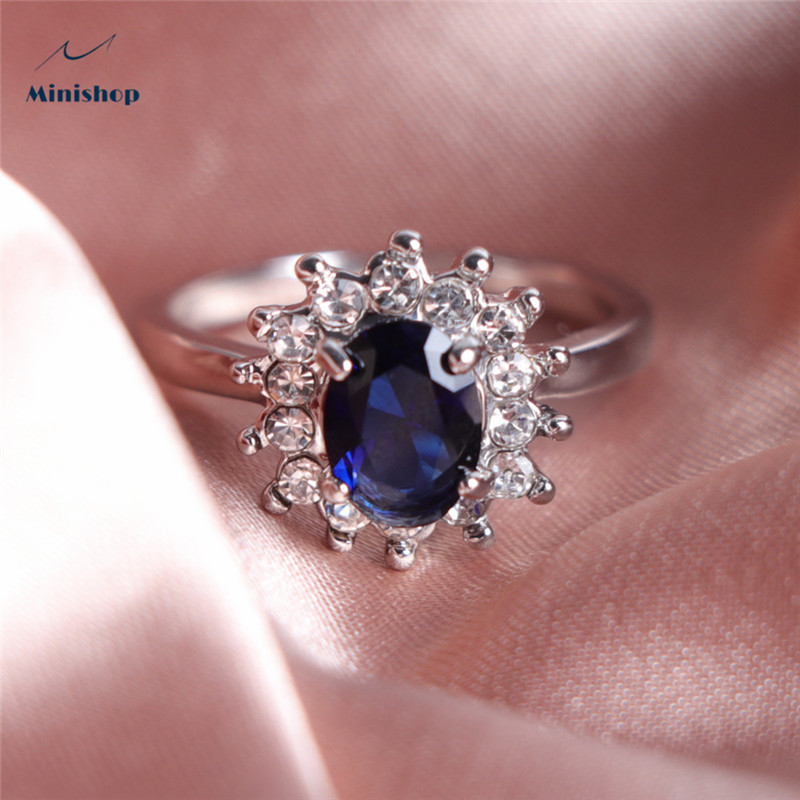 Women New Fashion Rings Platinum Plated Engagement Jewelry Boutique Blue Gem Zircon Diamond Ring
