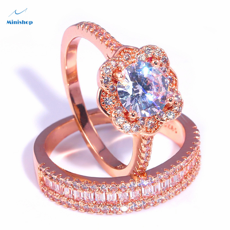 Lady Shining Rose Gold Flowers Fashion Diamond Engagement Ring Girls Gift Ring Women Wedding Ring