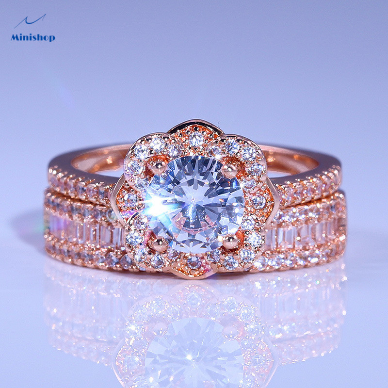 Lady Shining Rose Gold Flowers Fashion Diamond Engagement Ring Girls Gift Ring Women Wedding Ring