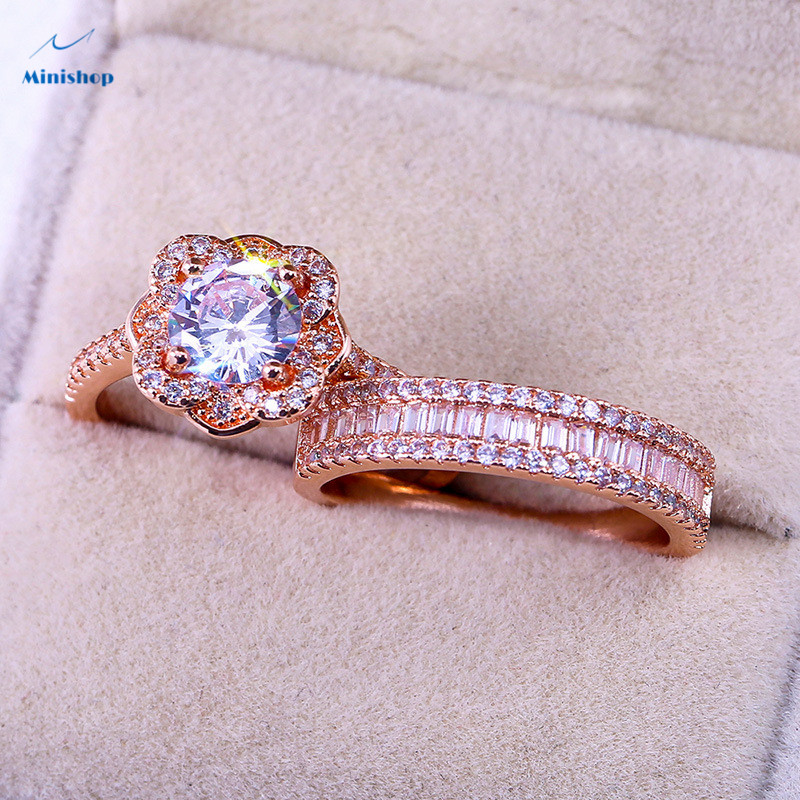 Lady Shining Rose Gold Flowers Fashion Diamond Engagement Ring Girls Gift Ring Women Wedding Ring