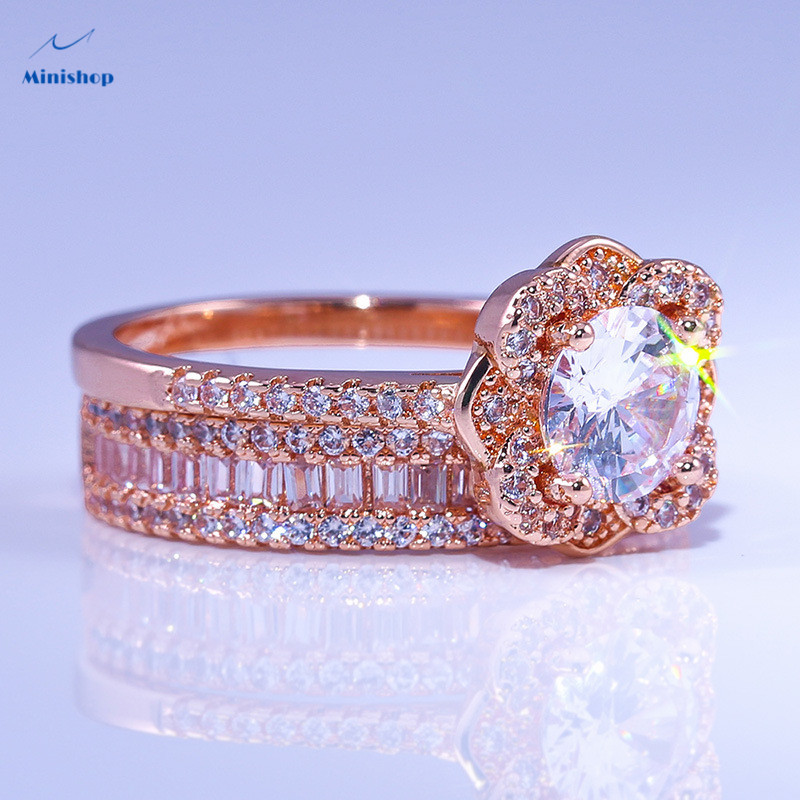 Lady Shining Rose Gold Flowers Fashion Diamond Engagement Ring Girls Gift Ring Women Wedding Ring