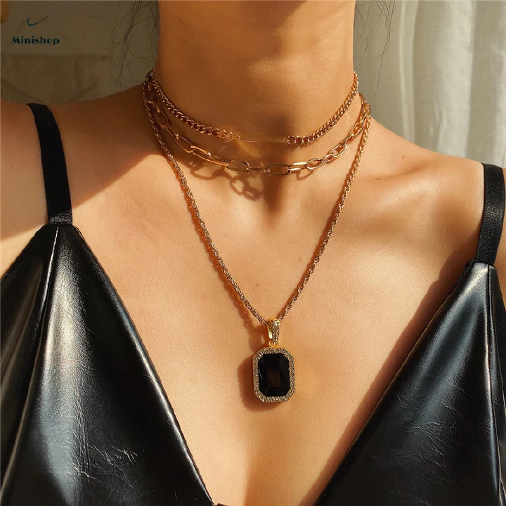 Women New Necklace Personality black diamond pendant Lady Retro Simple Multi-layer Body Chain