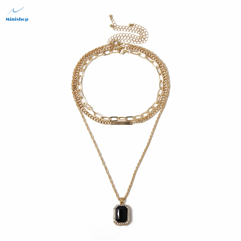 Women New Necklace Personality black diamond pendant Lady Retro Simple Multi-layer Body Chain