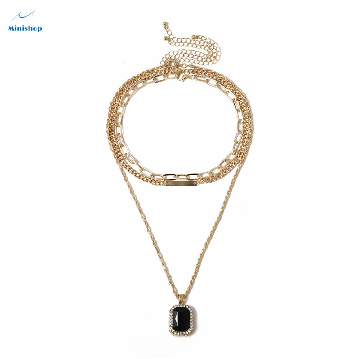 Women New Necklace Personality black diamond pendant Lady Retro Simple Multi-layer Body Chain