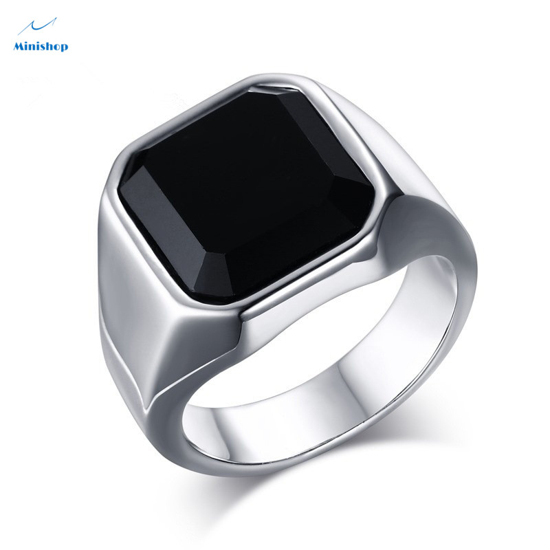 Men New Fashion Creative Ring Boys Black Agate Steel Color Business Style  Ring Gift Ring Jewelry
