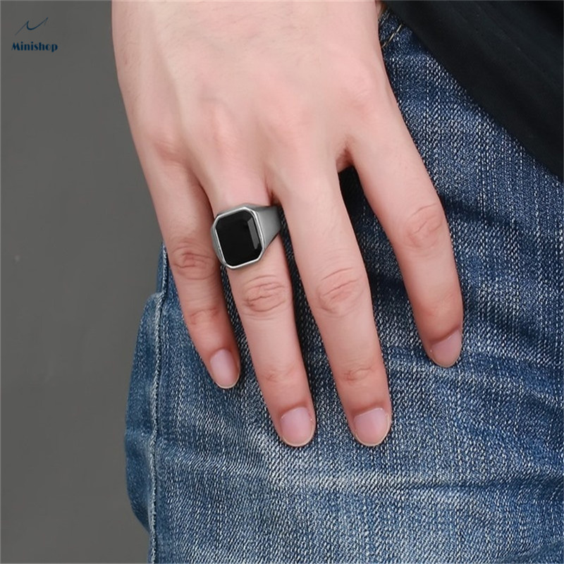 Men New Fashion Creative Ring Boys Black Agate Steel Color Business Style  Ring Gift Ring Jewelry