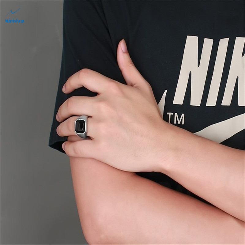 Men New Fashion Creative Ring Boys Black Agate Steel Color Business Style  Ring Gift Ring Jewelry