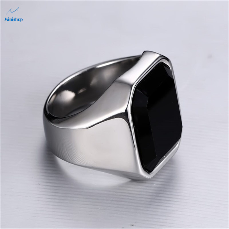 Men New Fashion Creative Ring Boys Black Agate Steel Color Business Style  Ring Gift Ring Jewelry