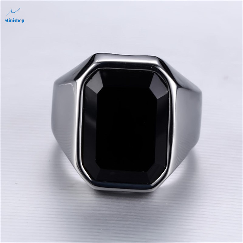 Men New Fashion Creative Ring Boys Black Agate Steel Color Business Style  Ring Gift Ring Jewelry