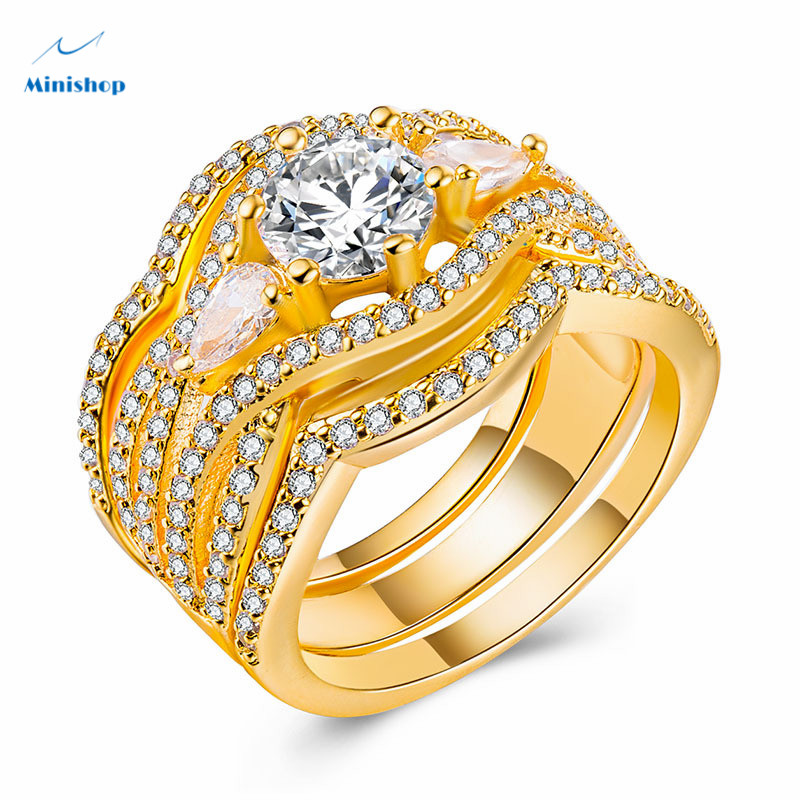 Lady New Fashion Luxury 3 PCS/set Silver Plated 18K Gold Silver Diamond Ring Engaged Wedding Jewelry