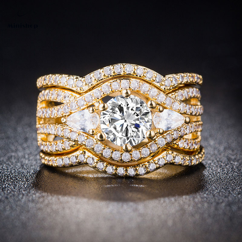 Lady New Fashion Luxury 3 PCS/set Silver Plated 18K Gold Silver Diamond Ring Engaged Wedding Jewelry