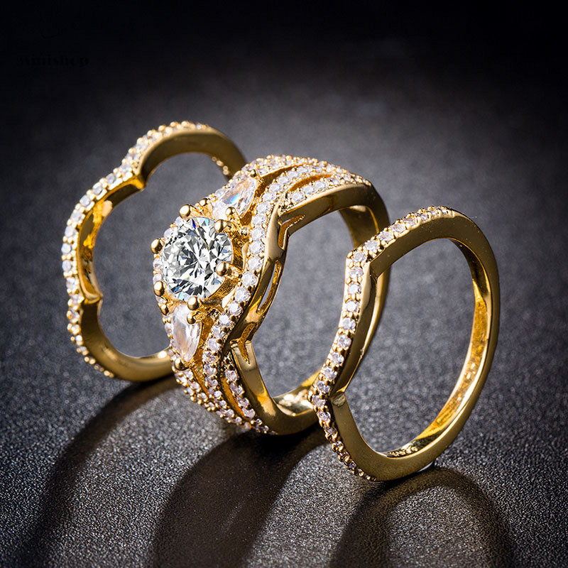 Lady New Fashion Luxury 3 PCS/set Silver Plated 18K Gold Silver Diamond Ring Engaged Wedding Jewelry