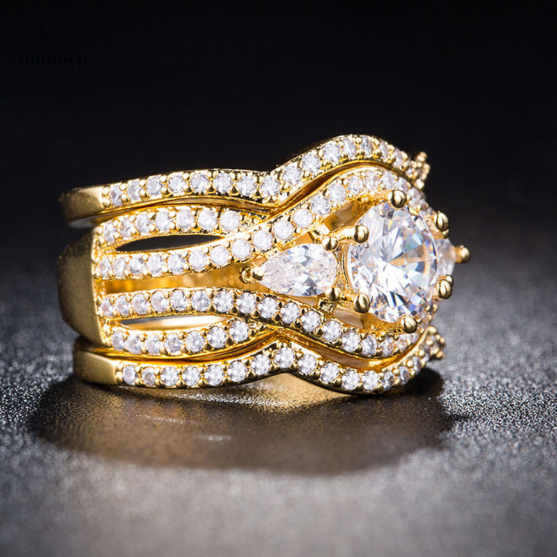Lady New Fashion Luxury 3 PCS/set Silver Plated 18K Gold Silver Diamond Ring Engaged Wedding Jewelry