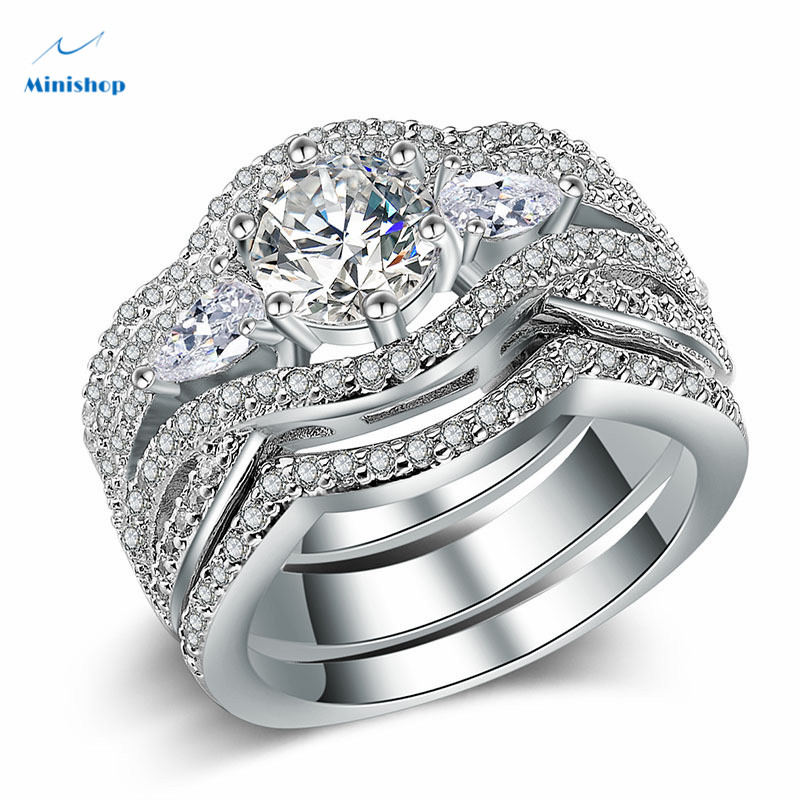 Lady New Fashion Luxury 3 PCS/set Silver Plated 18K Gold Silver Diamond Ring Engaged Wedding Jewelry