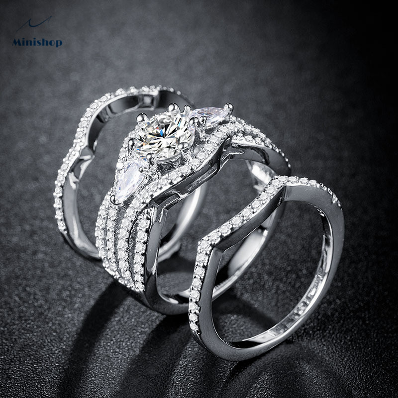 Lady New Fashion Luxury 3 PCS/set Silver Plated 18K Gold Silver Diamond Ring Engaged Wedding Jewelry