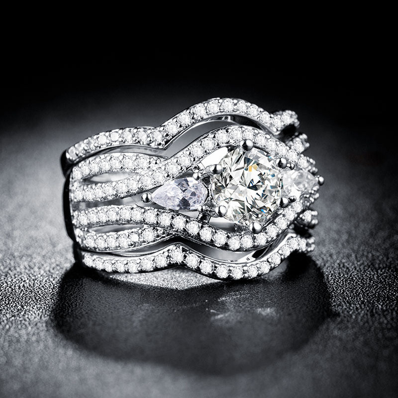 Lady New Fashion Luxury 3 PCS/set Silver Plated 18K Gold Silver Diamond Ring Engaged Wedding Jewelry